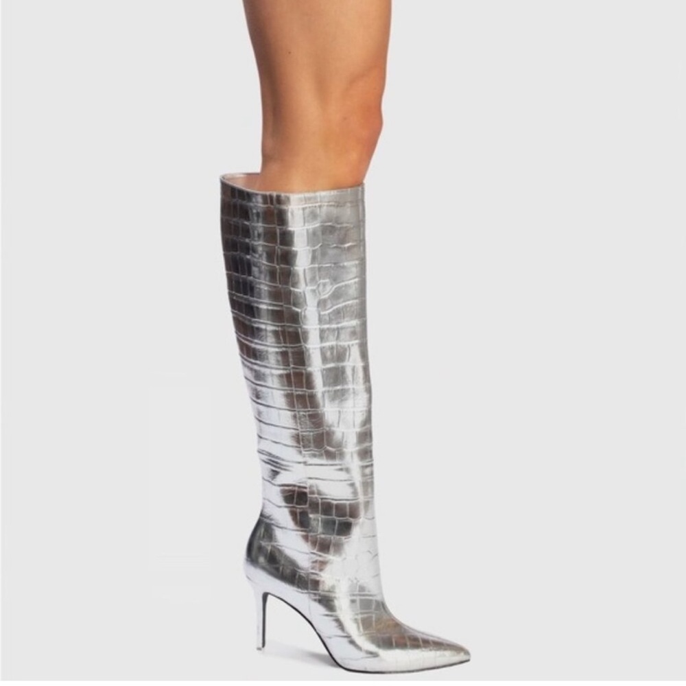 Black Suede Studio Tory Silver Metallic Croc Leather Boots 39 / 8.5